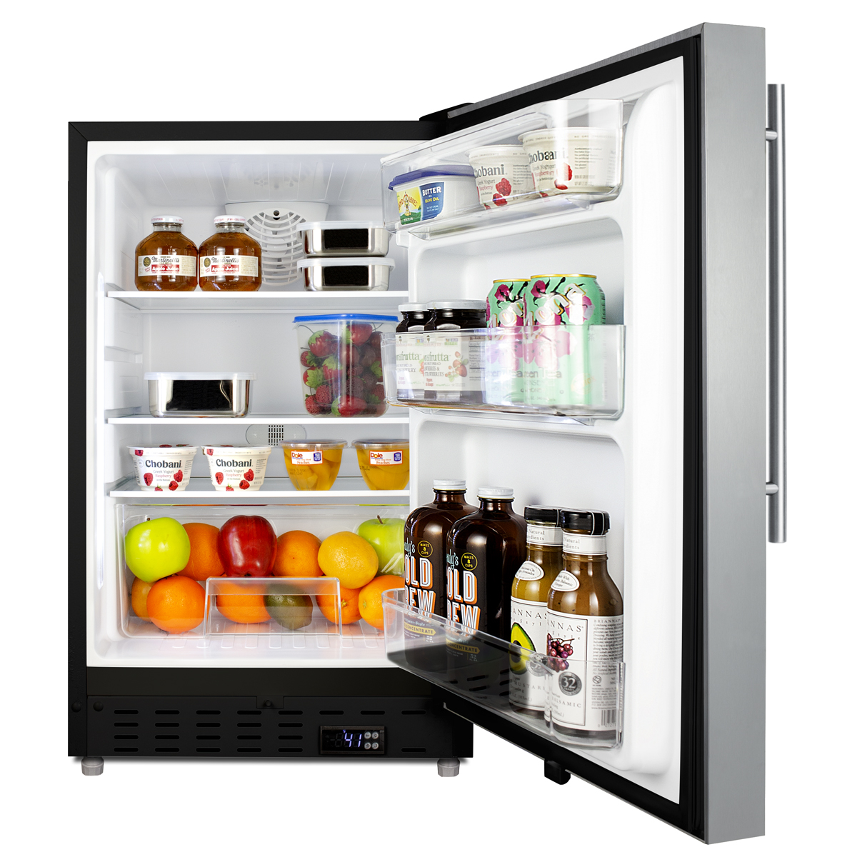 Built-in undercounter ADA compliant residential all-refrigerator with SS cabinet and door, vertical handle, with door storage and automatic defrost operation